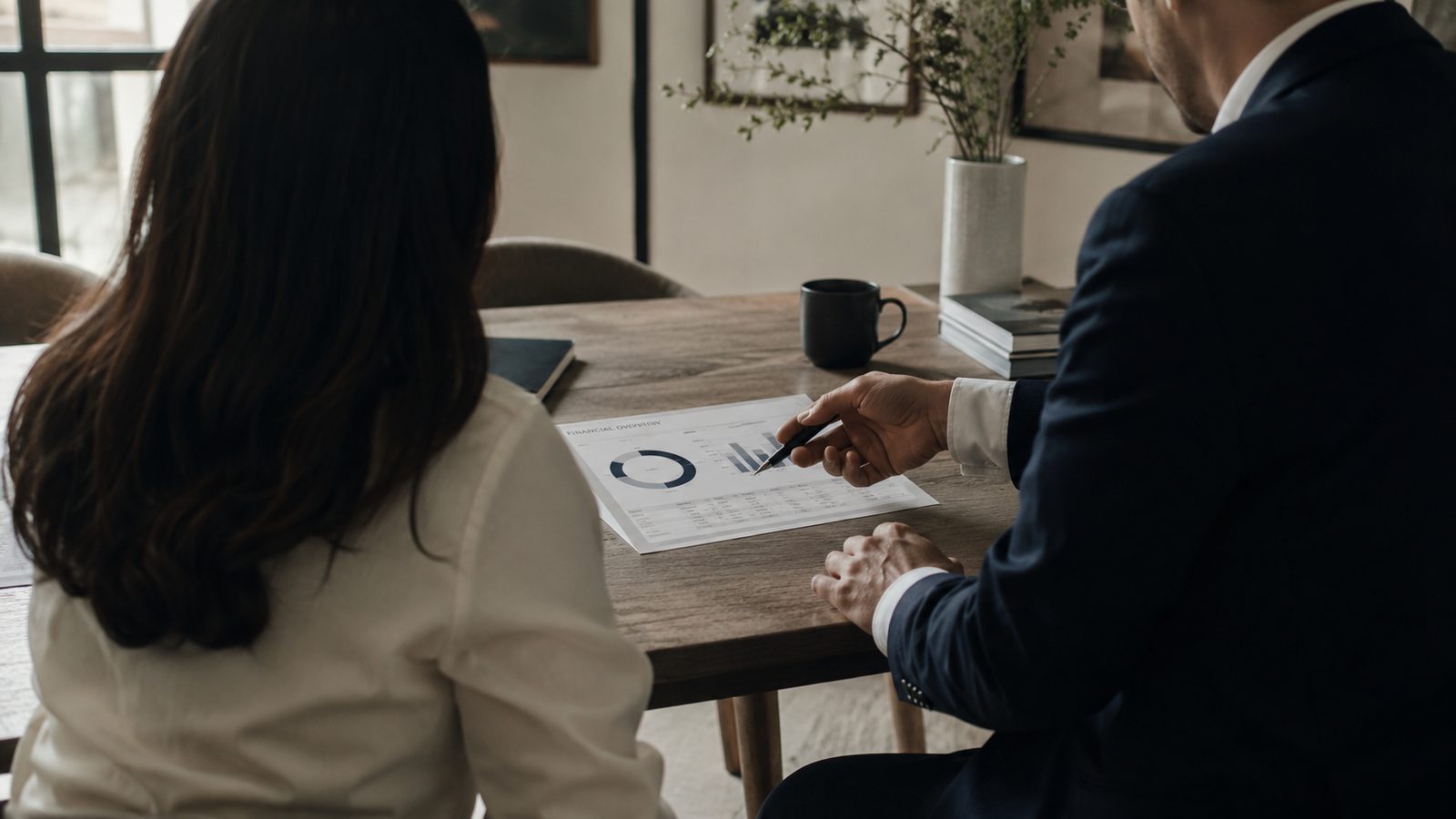 A senior adviser and a business owner reviewing a printed financial overview together