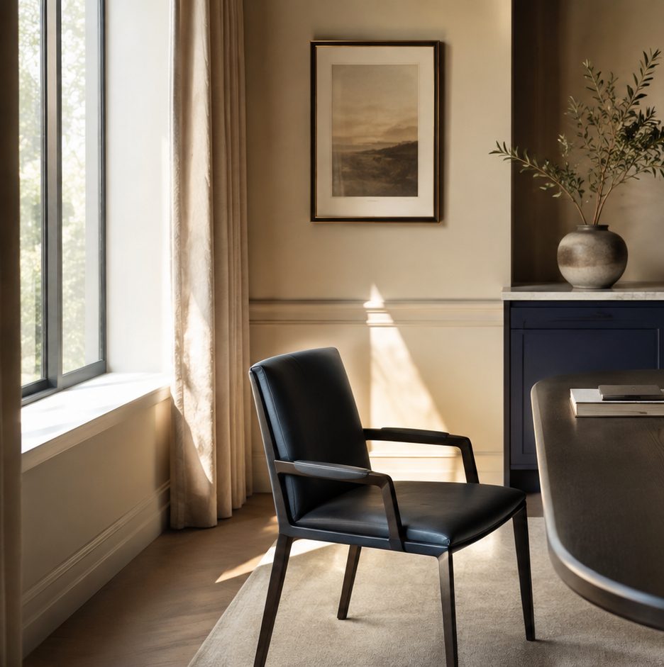 A quiet meeting room in warm morning light with a single chair drawn back from the table