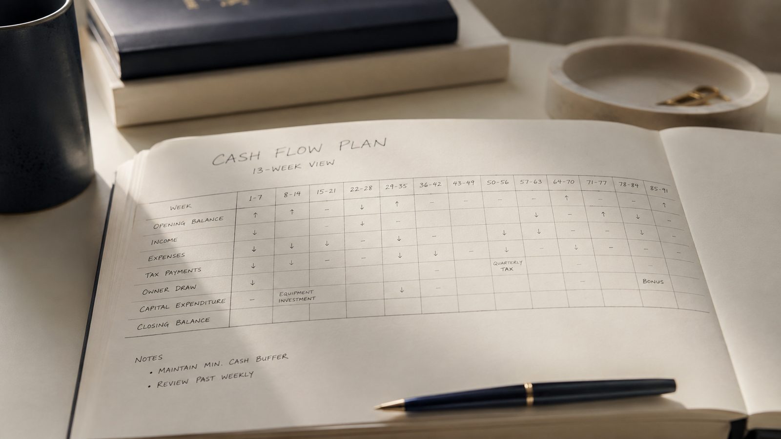 A handwritten thirteen week cash flow plan open in a notebook