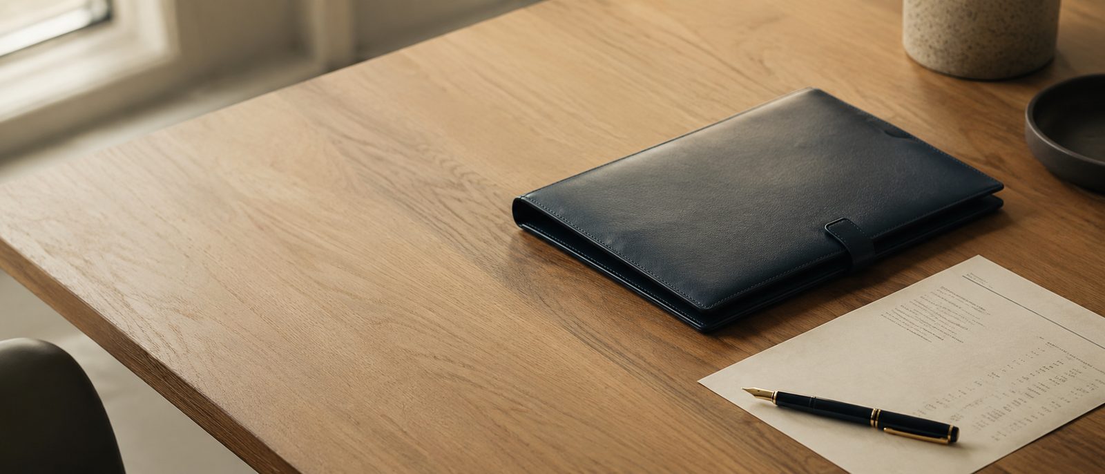 A closed leather folio and fountain pen on an oak desk beside a printed schedule of figures